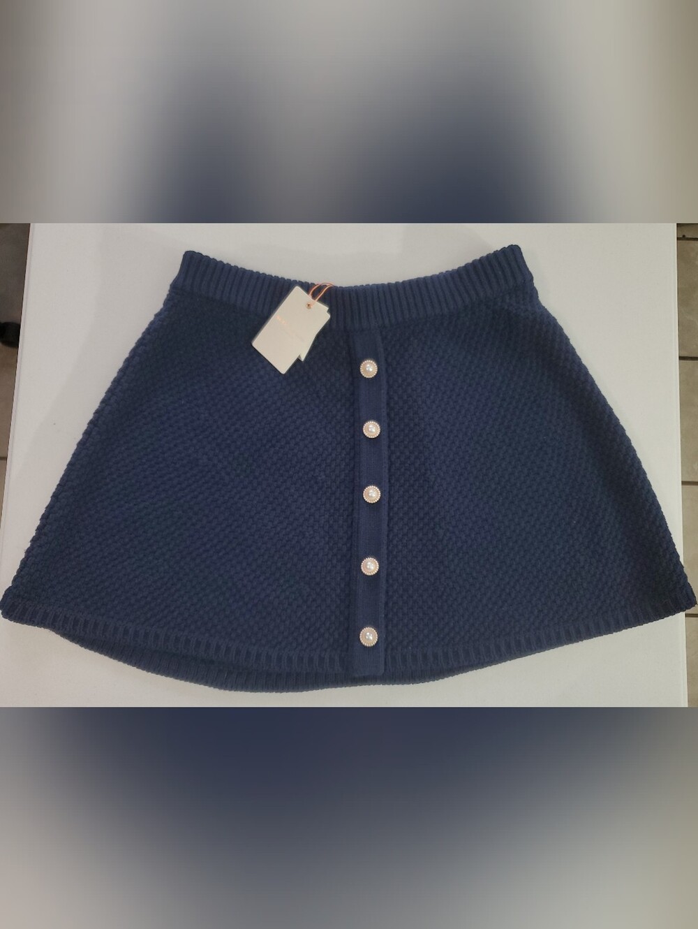 NWT Womens Lg Preppy Navy Blue Cotton Knit Skirt Button Details